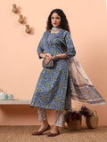 Yufta Rama Green And Blue Floral Sequins Work Straight Kurta Trouser Dupatta Set