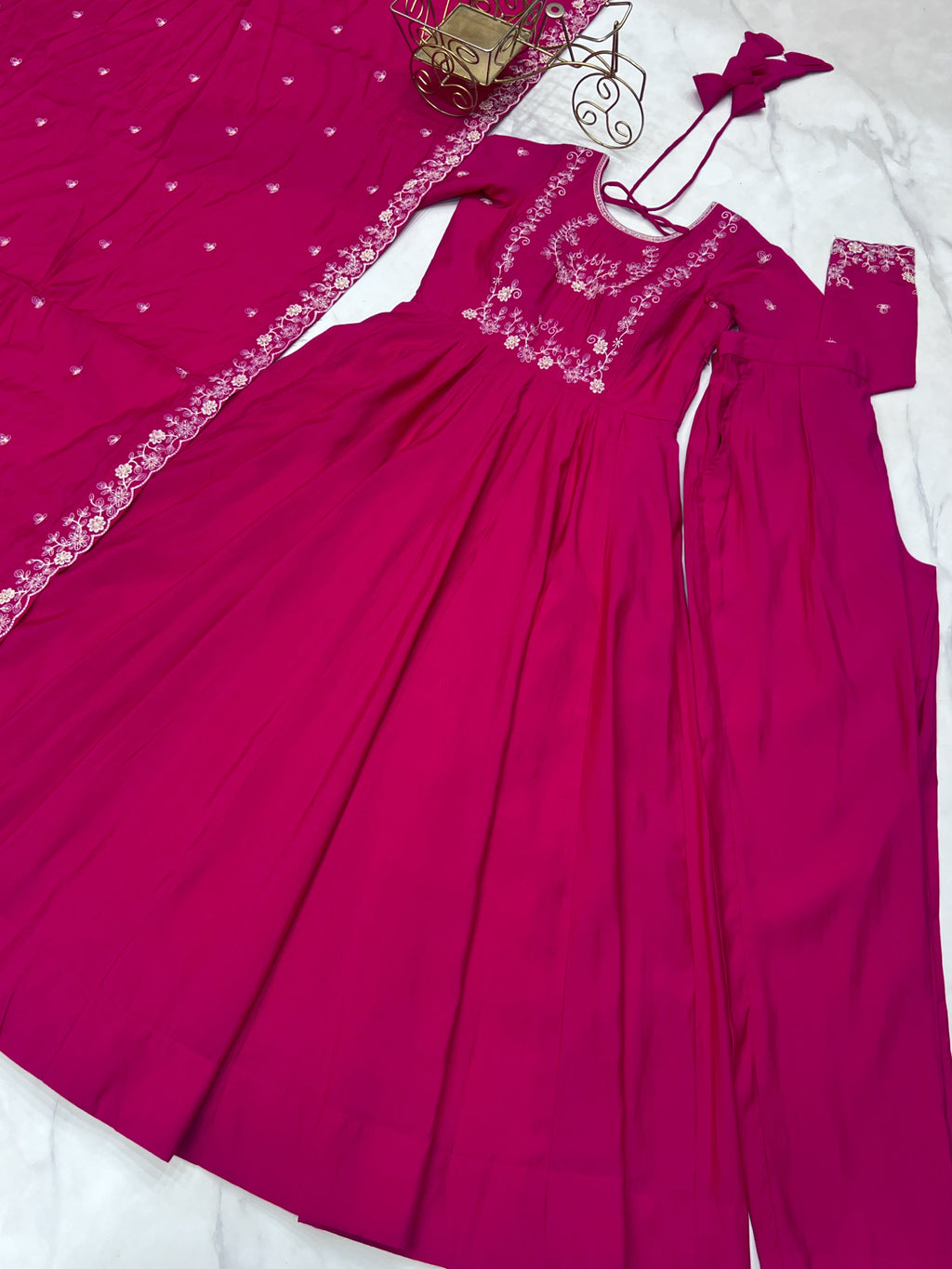 Evanik Ranipink Pure Roman Shimmer Chanderi Beads Work Anarkali Suit - Distacart
