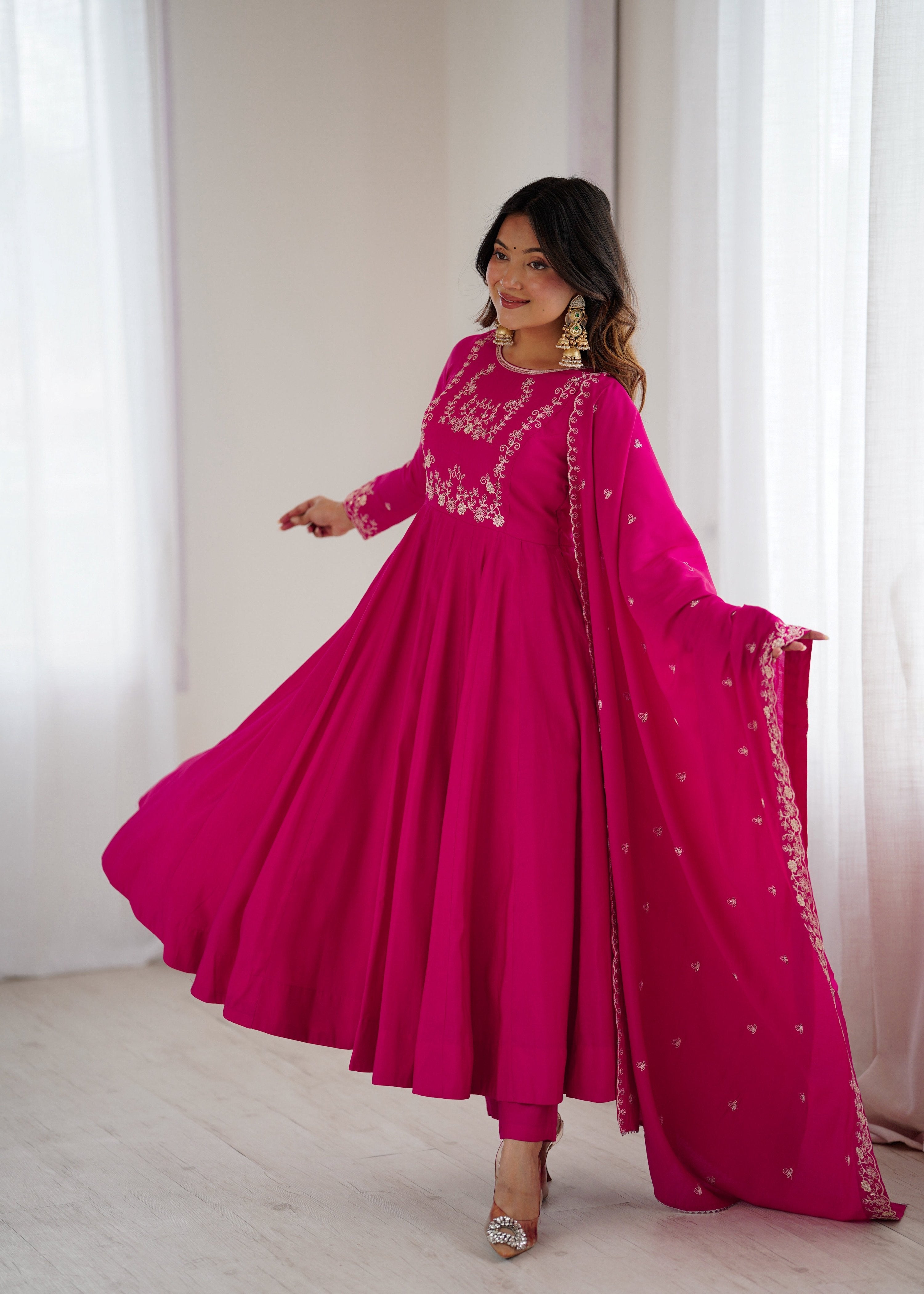 Evanik Ranipink Pure Roman Shimmer Chanderi Beads Work Anarkali Suit - Distacart