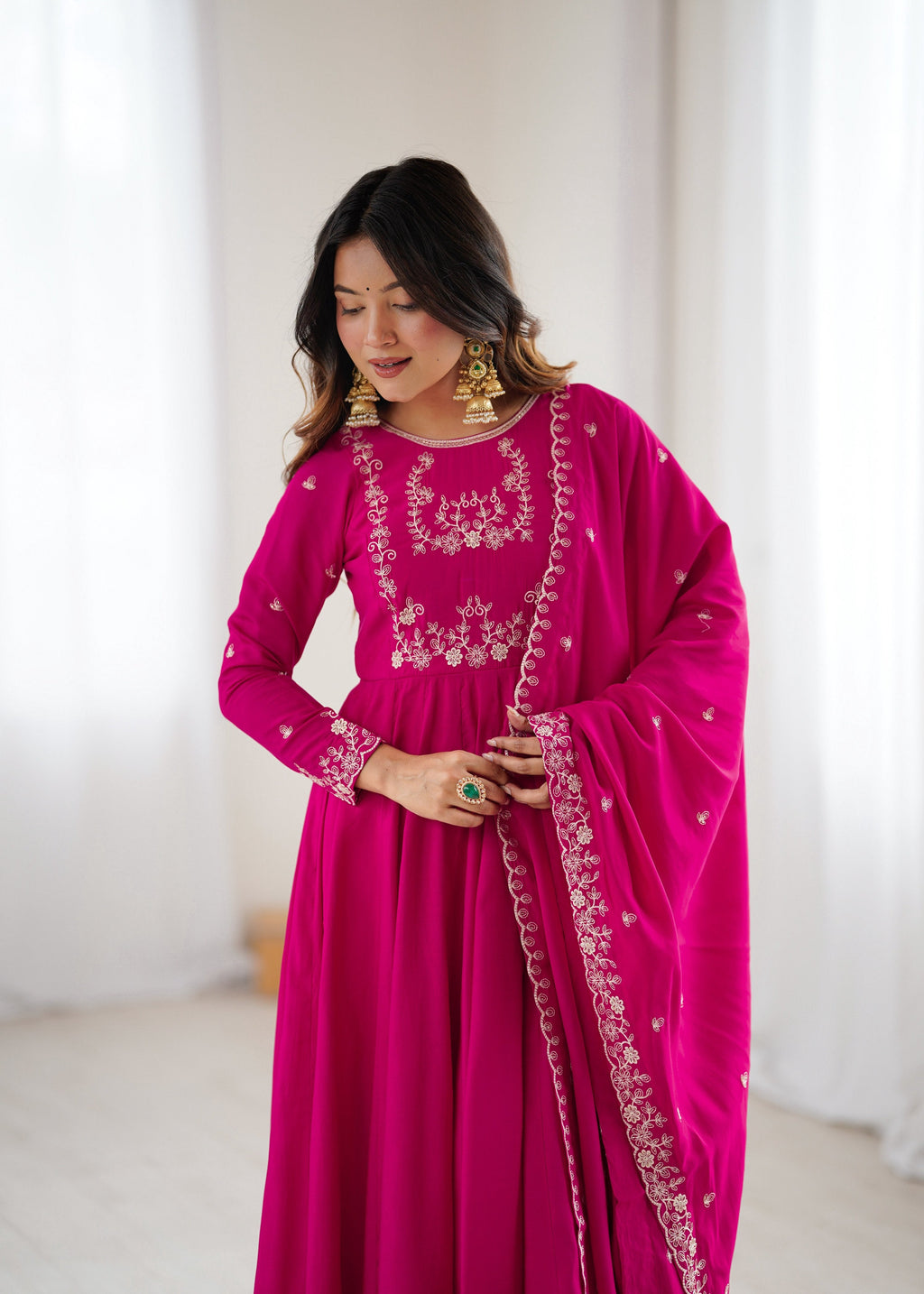 Evanik Ranipink Pure Roman Shimmer Chanderi Beads Work Anarkali Suit - Distacart