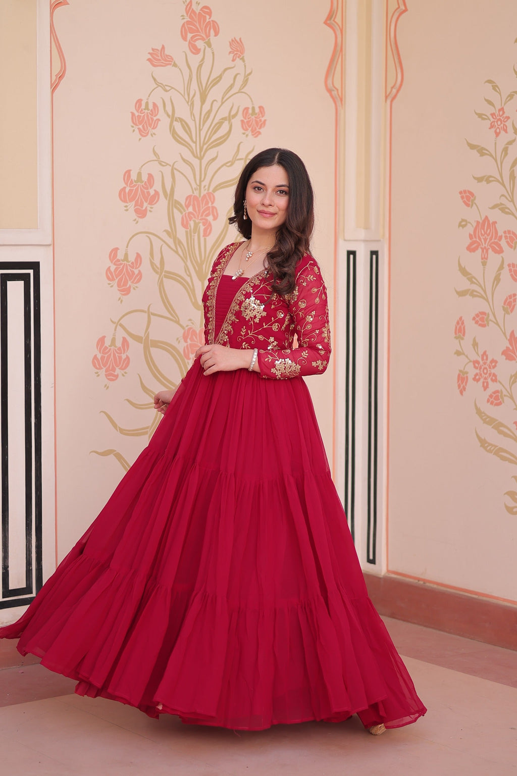 Evanik Rani Pink Faux Blooming With Sequins & Zari Embroidered work Gown - Distacart
