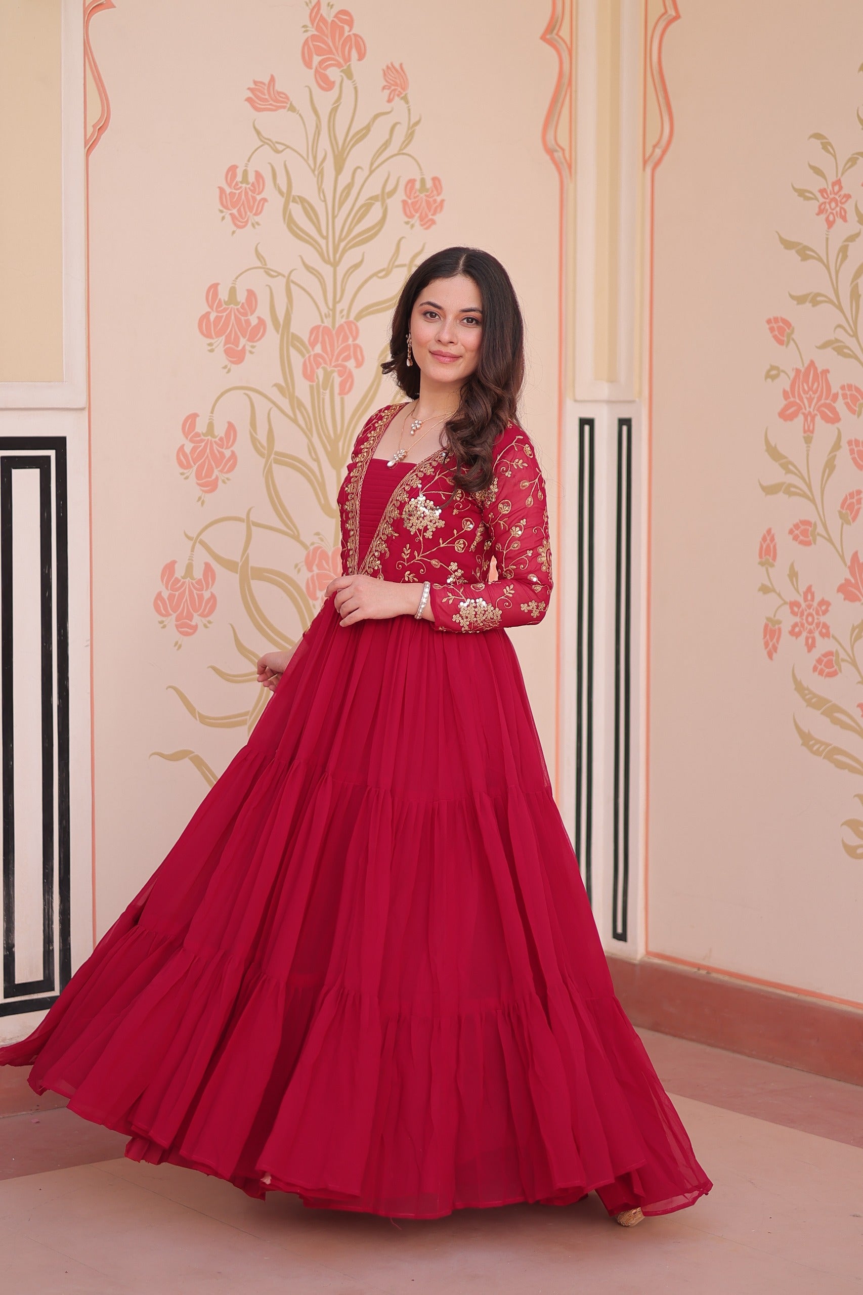 Evanik Rani Pink Faux Blooming With Sequins & Zari Embroidered work Gown - Distacart
