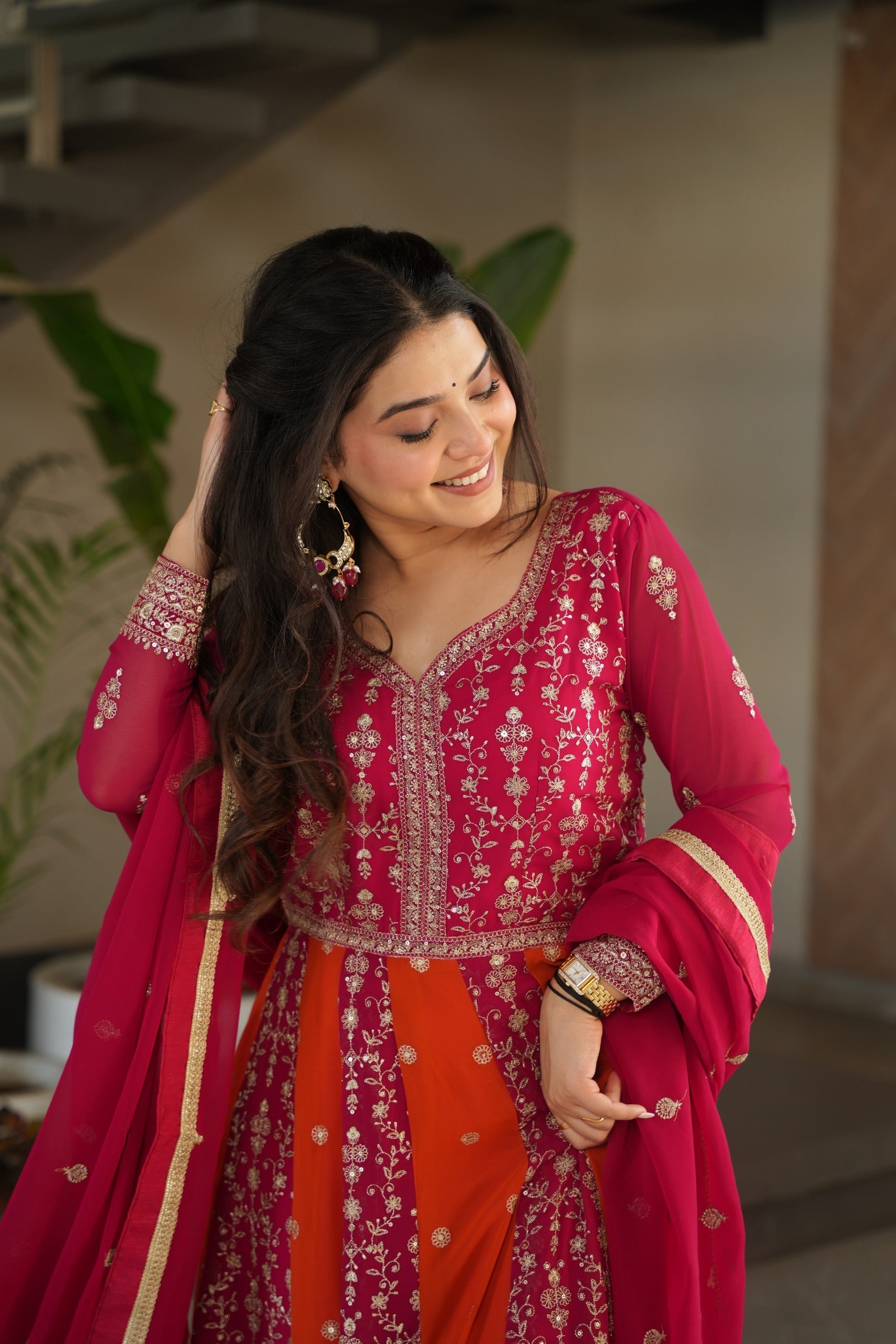 Evanik Rani Pink Faux Georgette With Zari & Sequins Embroidered work Wedding Gown - Distacart