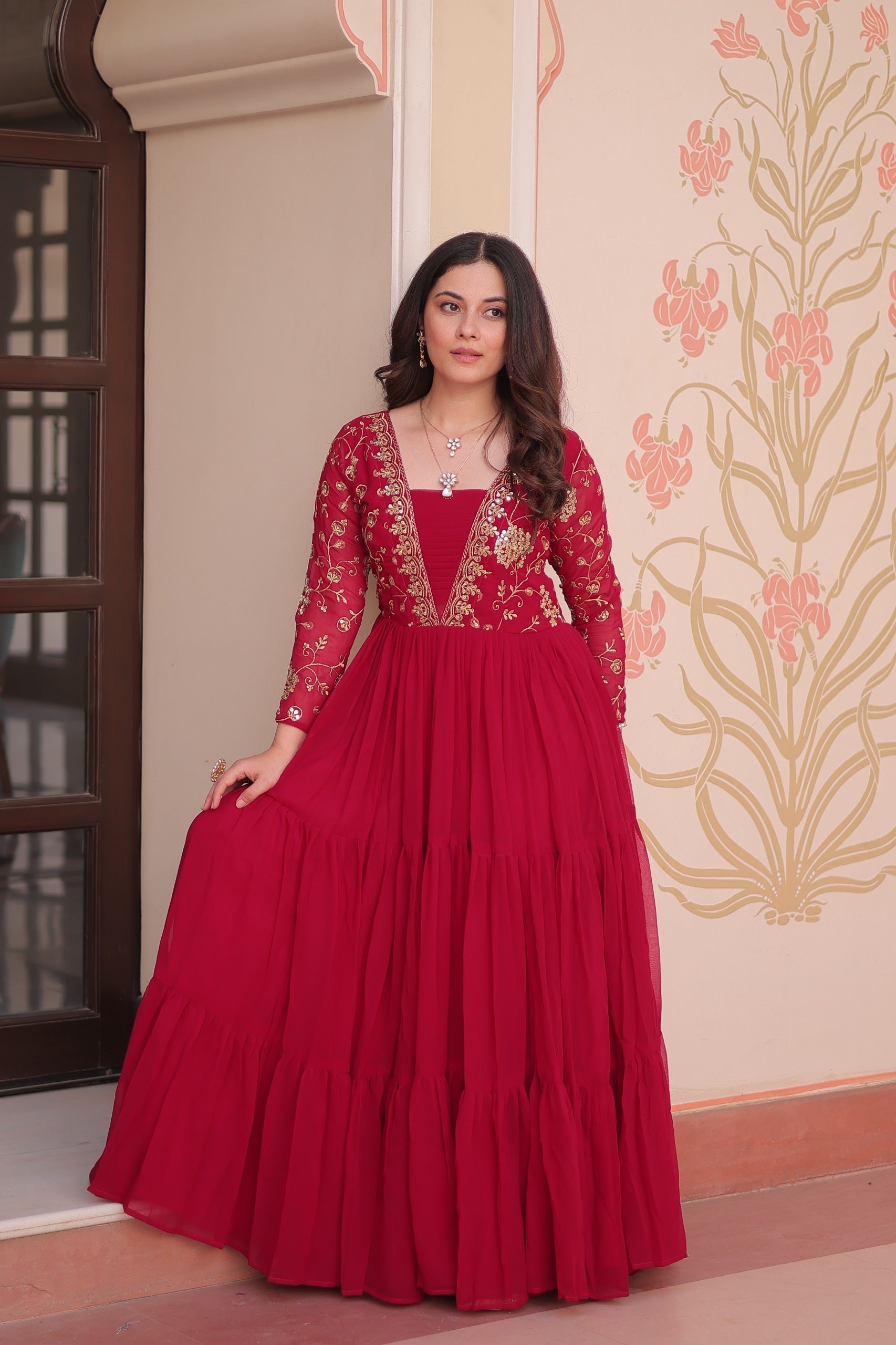 Evanik Rani Pink Faux Blooming With Sequins & Zari Embroidered work Gown - Distacart