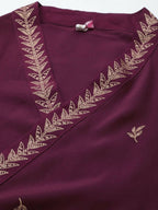 Ahalyaa Women Rose Pink Crepe Kurta Palazzos Set With Burgundy Jacket - Distacart