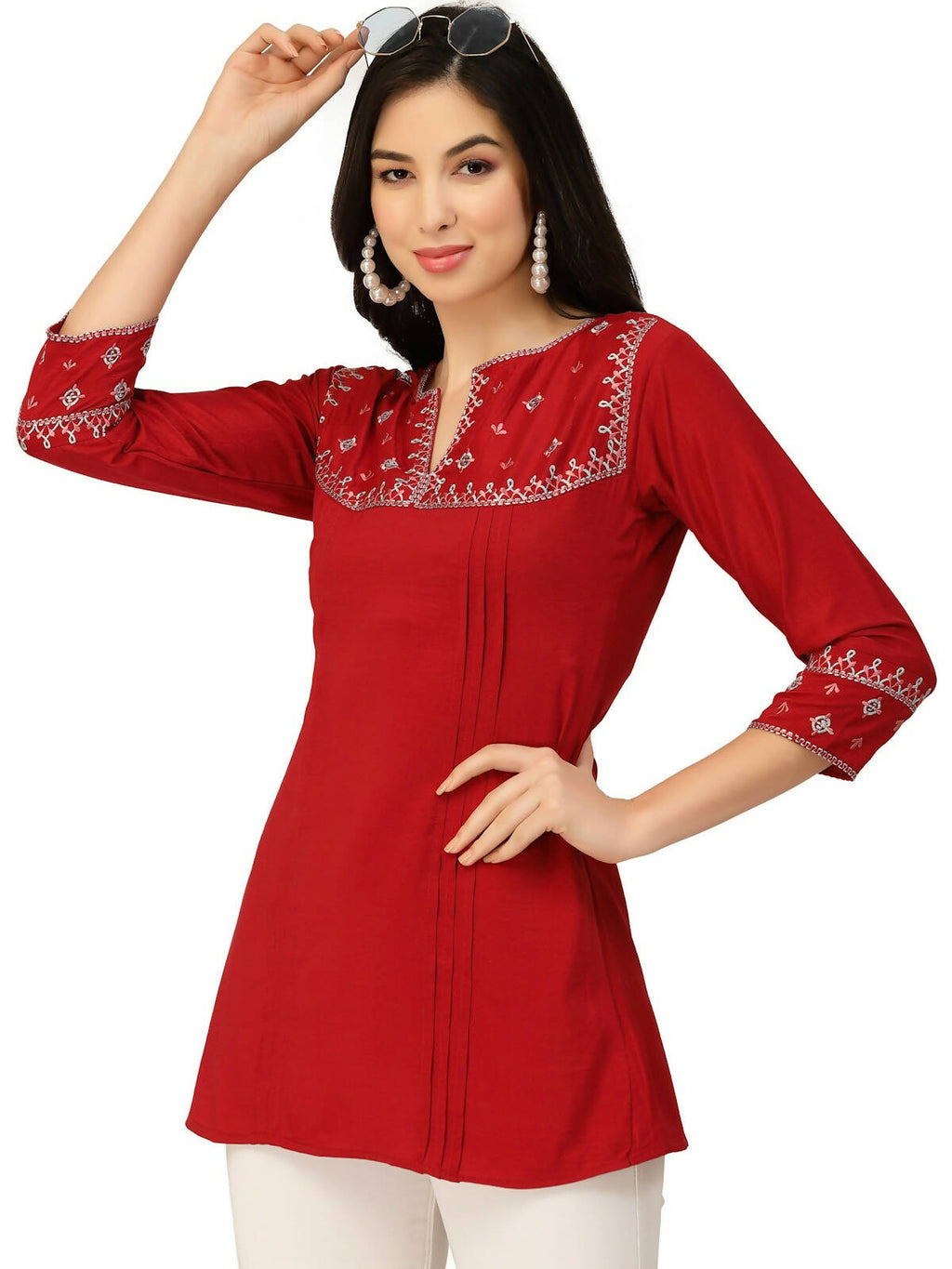 Red Chinon Floral Embroidered Top - Zeny
