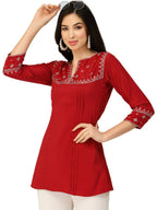 Red Chinon Floral Embroidered Top - Zeny