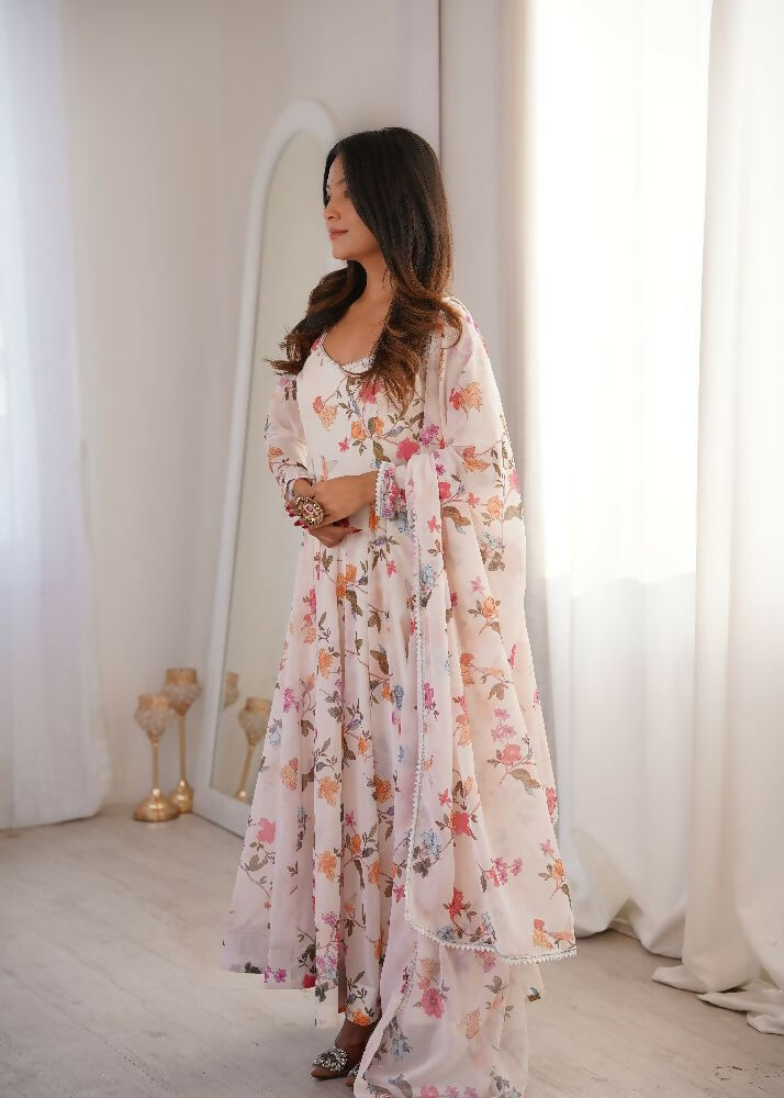 Teeya Creation Cream Faux Georgette Digital Print Party Wear Long Gown - Distacart