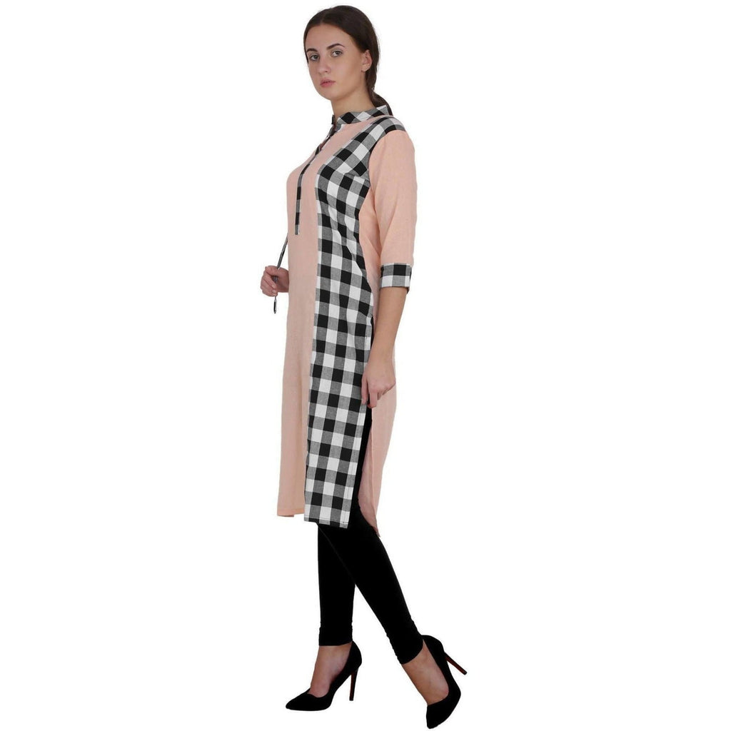 Kanoor Women's Peach Cotton Straight Kurti