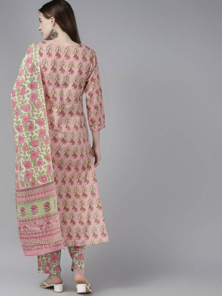 Yufta Women Pink Floral Print Aari Work Pure Cotton Kurta with Palazzo and Dupatta