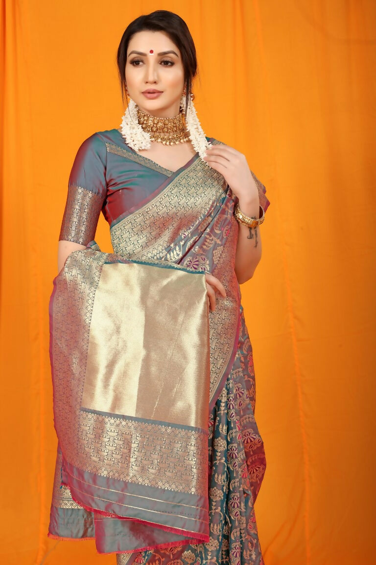 Jyoti Fashion Women's Grey Kanjivaram Silk Zari Woven Saree with Blouse - Distacart
