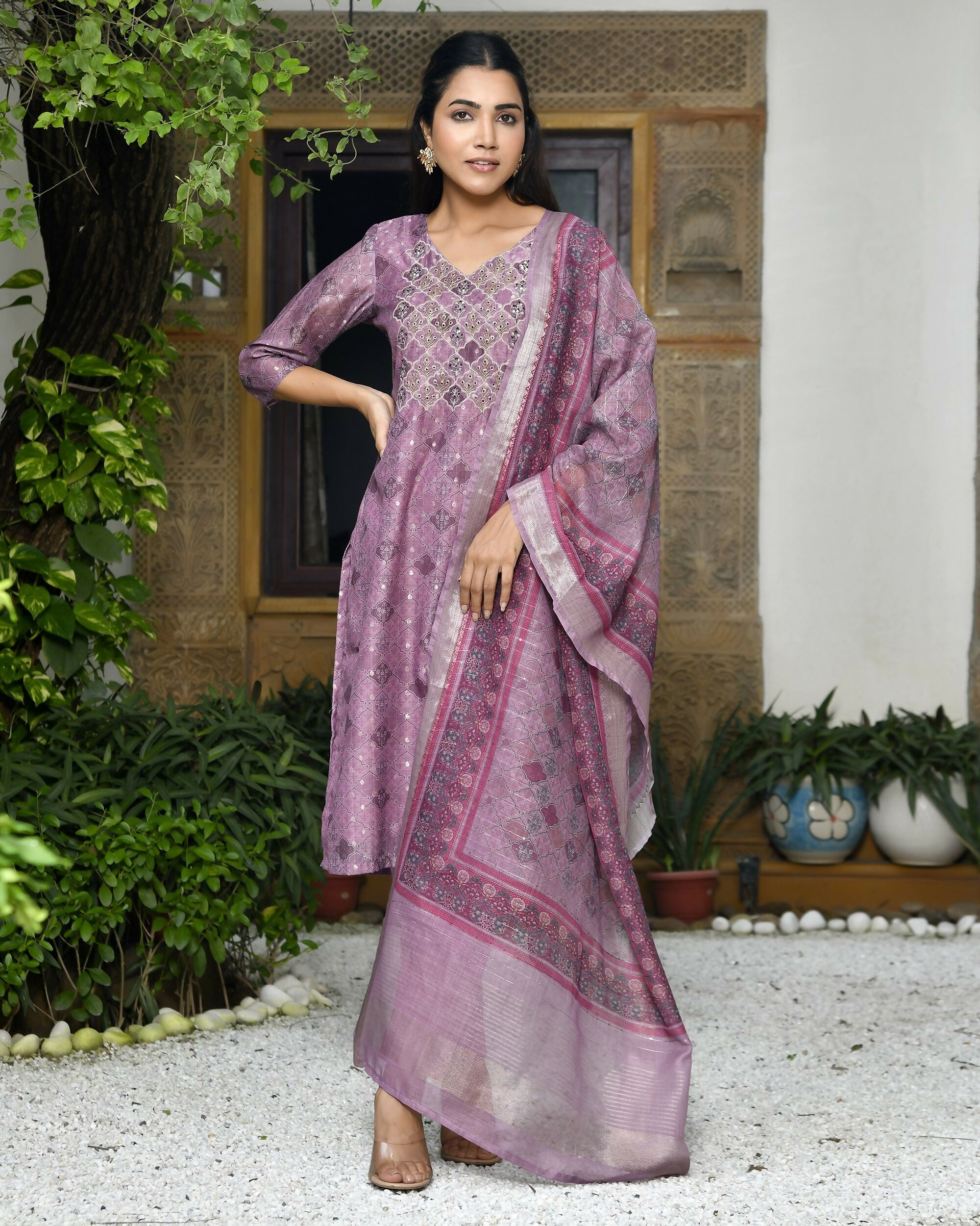 Vaasva Women's Chanderi Printed Suit Set With Pant And Printed Dupatta