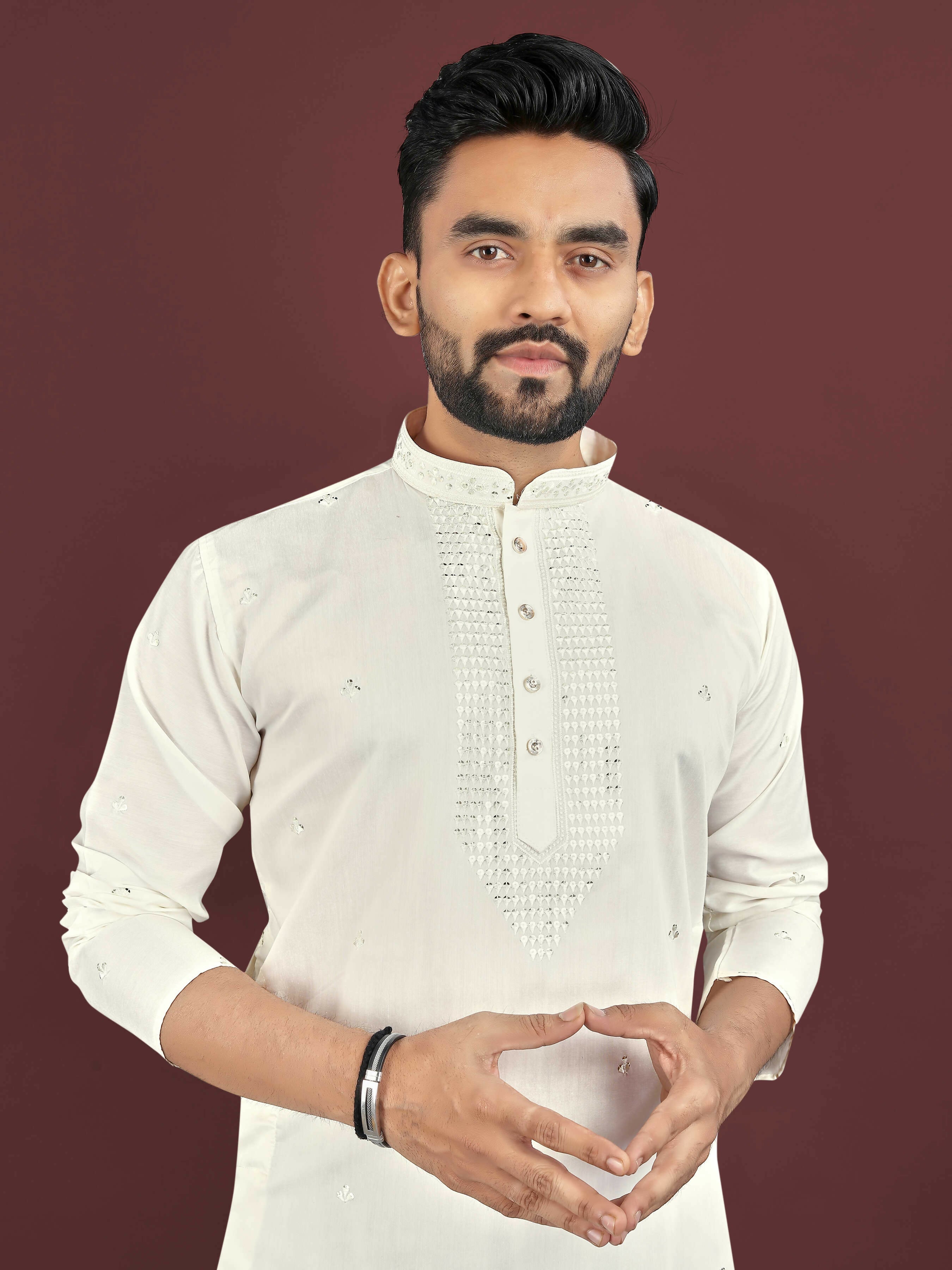 Anaita Beige Embroidered Silk Straight Kurta