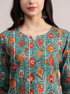 Aavyora Women's Teal Green Cotton A-Line Tunic with Red Floral Print and All-Over Pintuck Details