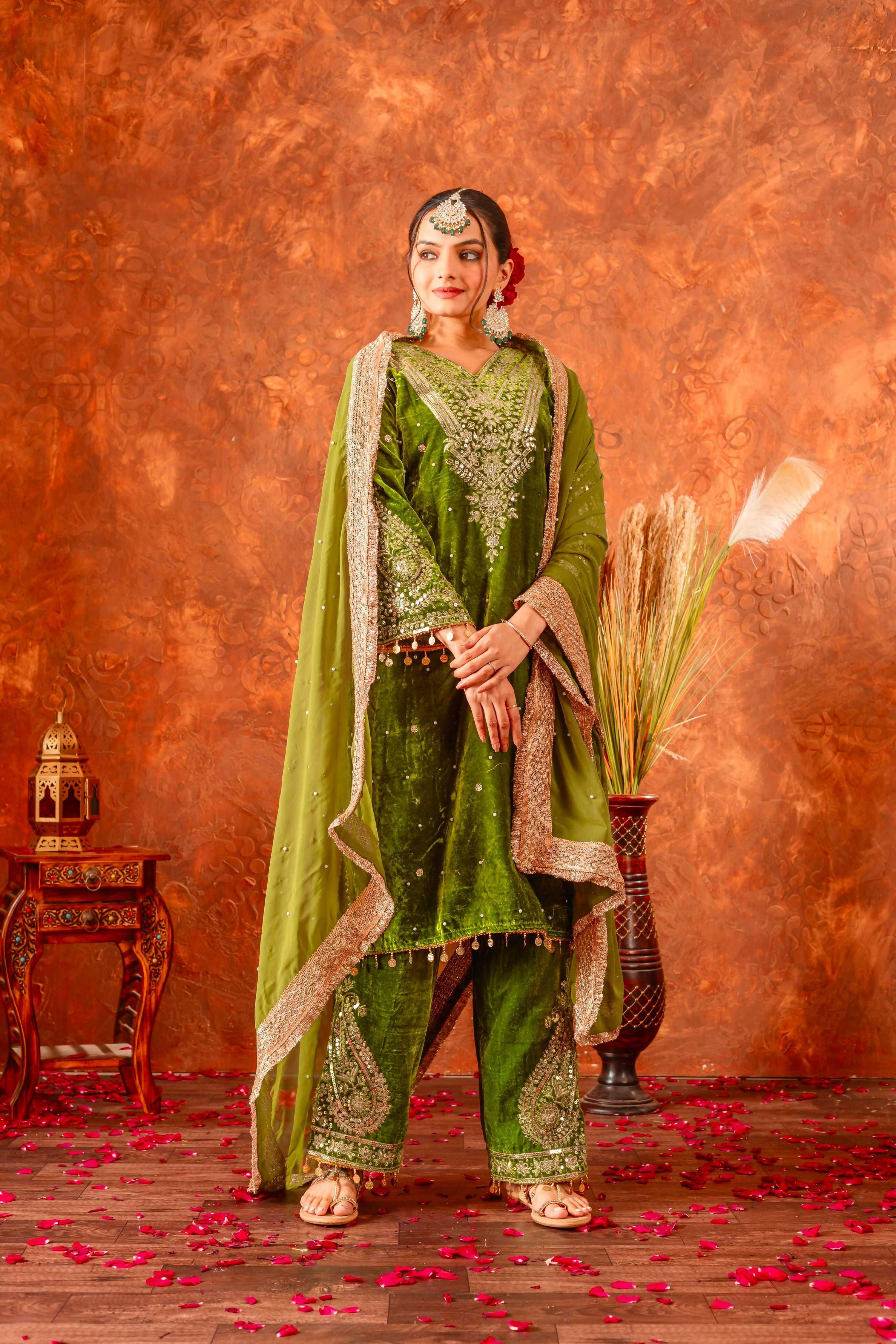 Joban Fashion Olive Green Velvet Embroidery Kurta Set - Distacart