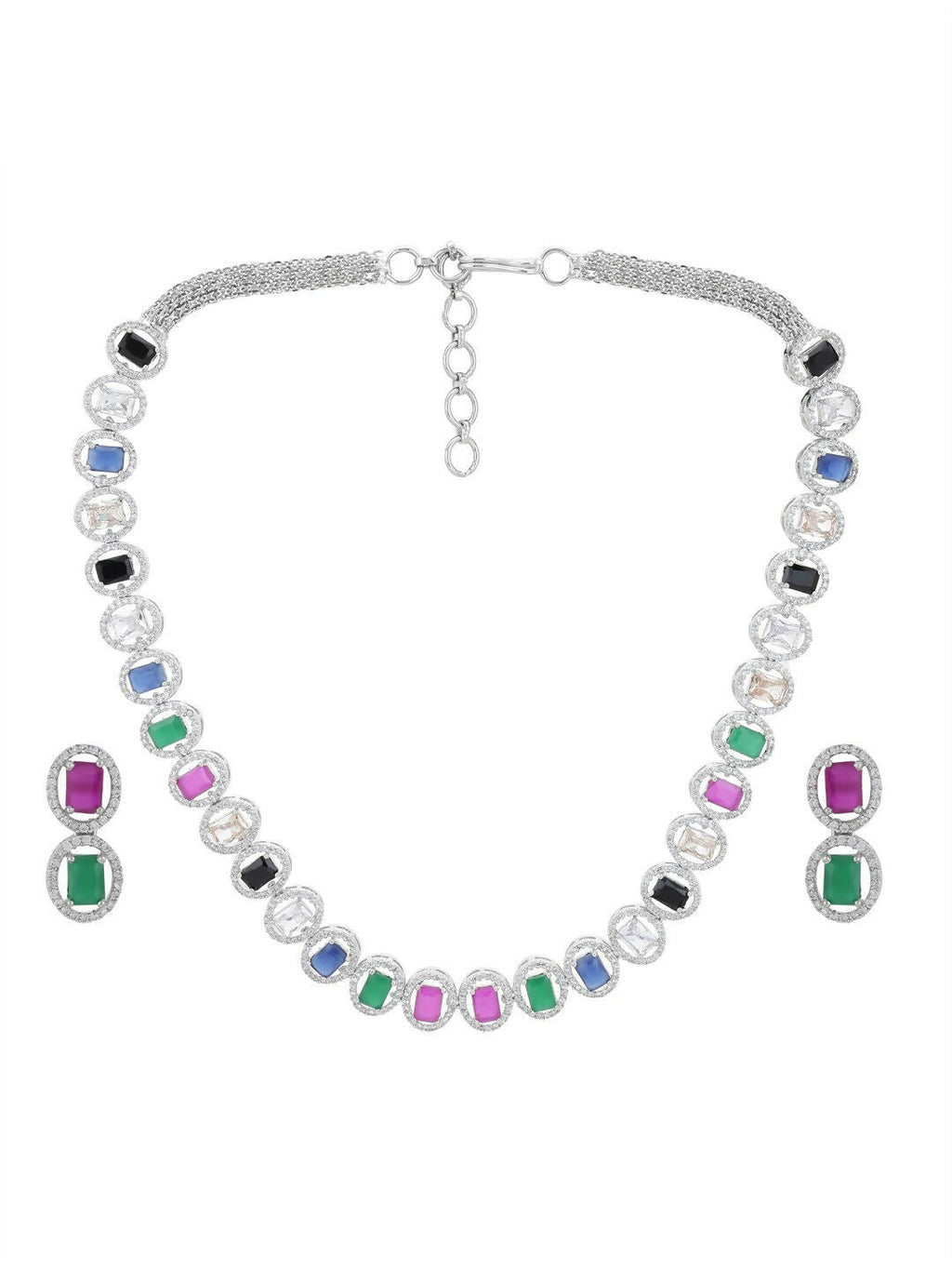 Diamond & Semi Precious Stone Neckpiece with Small Earrings- Ruby Raang