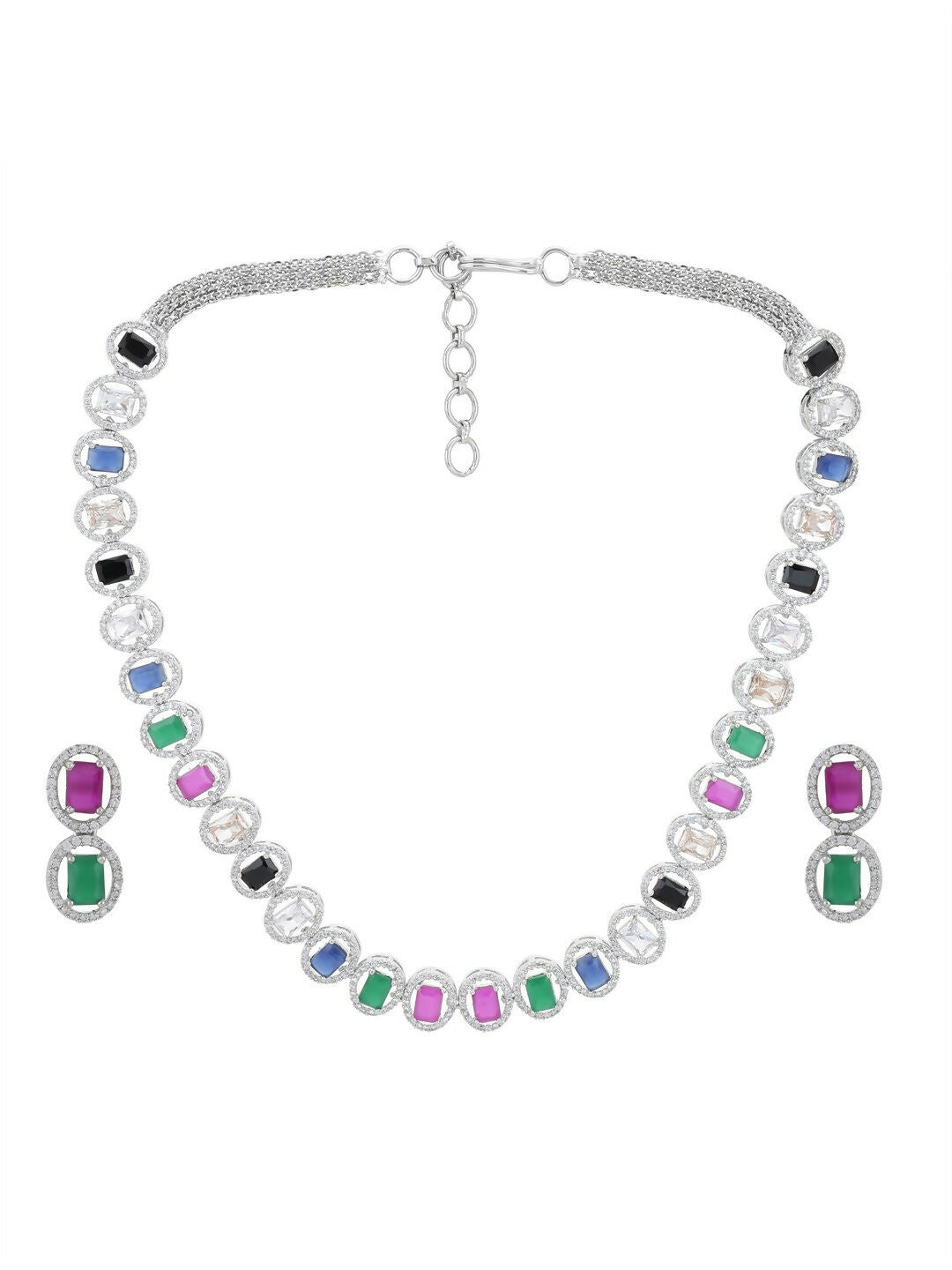 Diamond & Semi Precious Stone Neckpiece with Small Earrings- Ruby Raang