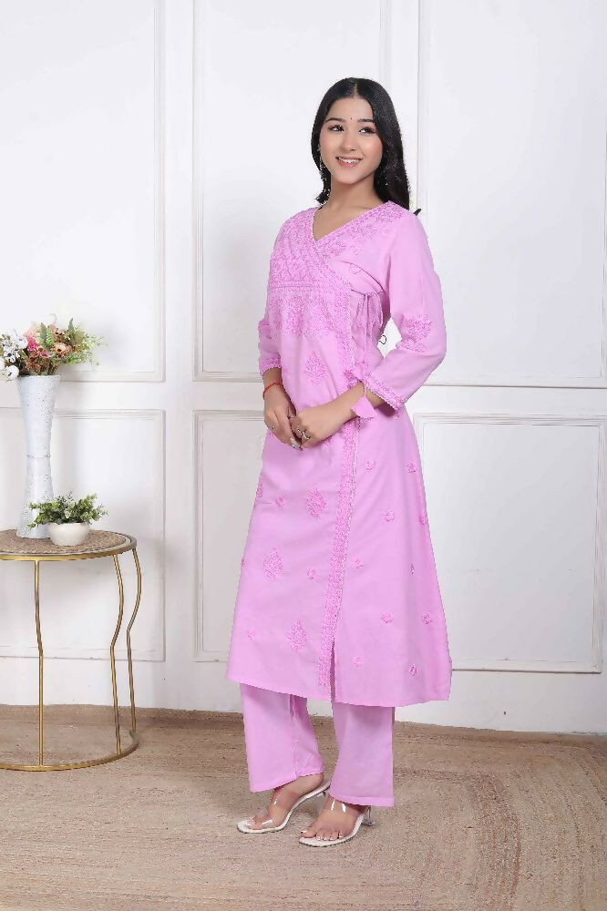 Miravan Womens Pink Lucknowi Angrakha Style Kurta With Palazzo - Distacart