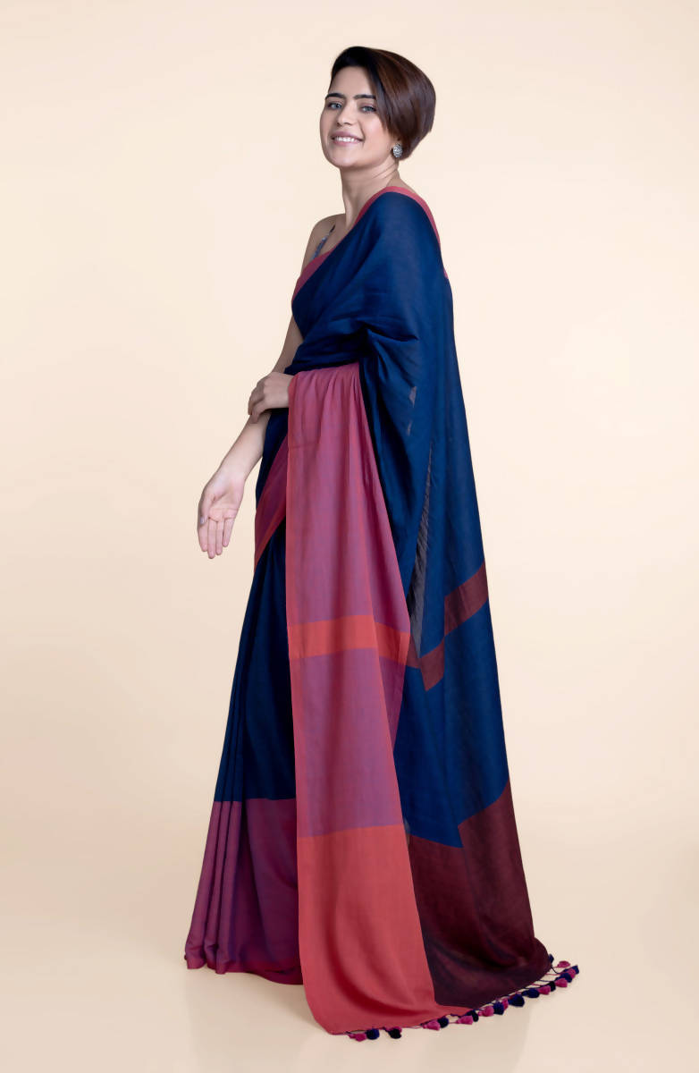 Suta Navy Blue Pink Colourblocked Mul Saree - Distacart
