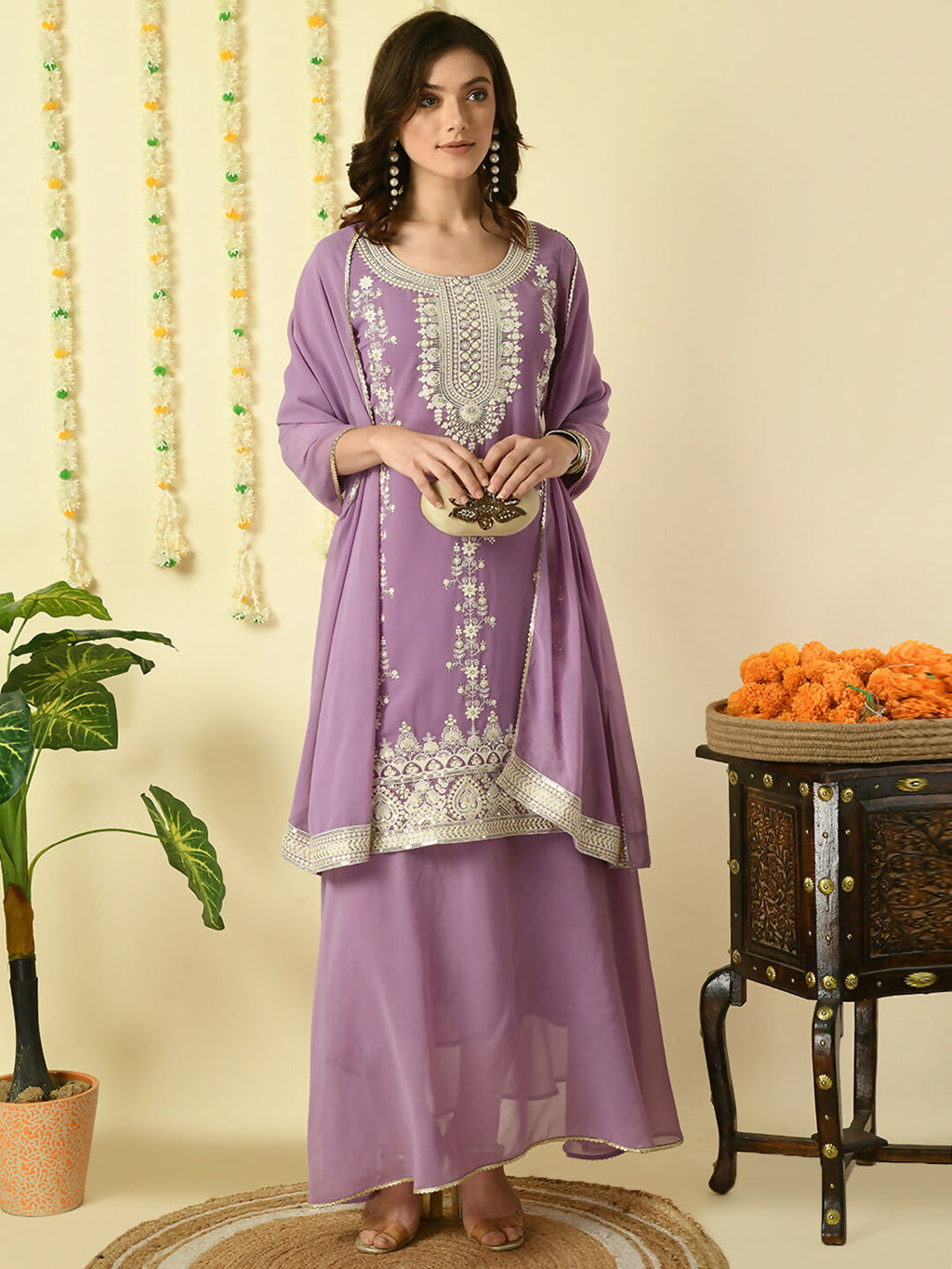 Myshka Women's Purple Georgette Kurta & Skirt With Dupatta Party Sets