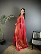 Joban Fashion Red Floral Motifs & Ethnic Design Soft Satin Silk Kanchipuram Saree - Distacart
