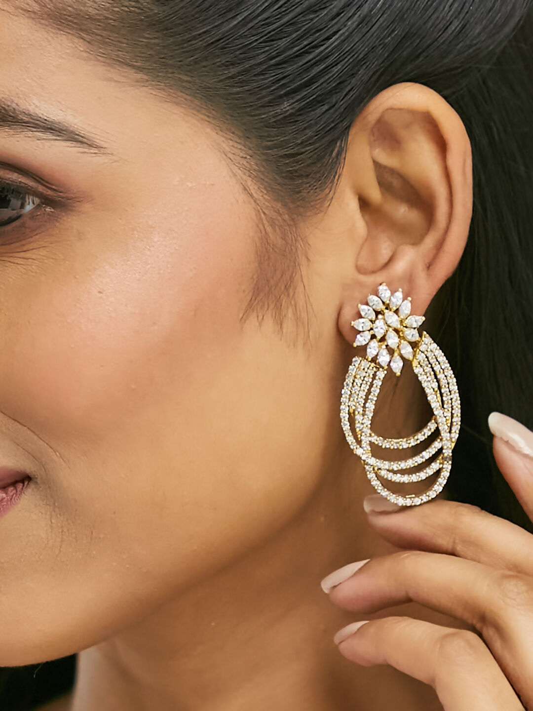 Nuyug 22K Gold-Plated Floral Motif Zircon Stone Studded Teardrop Shaped Elegant Drop Dangler Earrings - Distacart