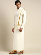 Ramraj Cotton Premium Wedding Cream Regular Dhoti, Shirt & Towel Set Arathi 3/4"