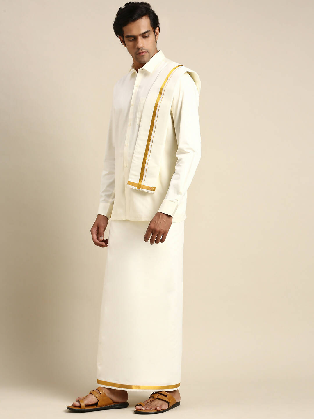 Ramraj Cotton Premium Wedding Cream Regular Dhoti, Shirt & Towel Set Arathi 3/4"