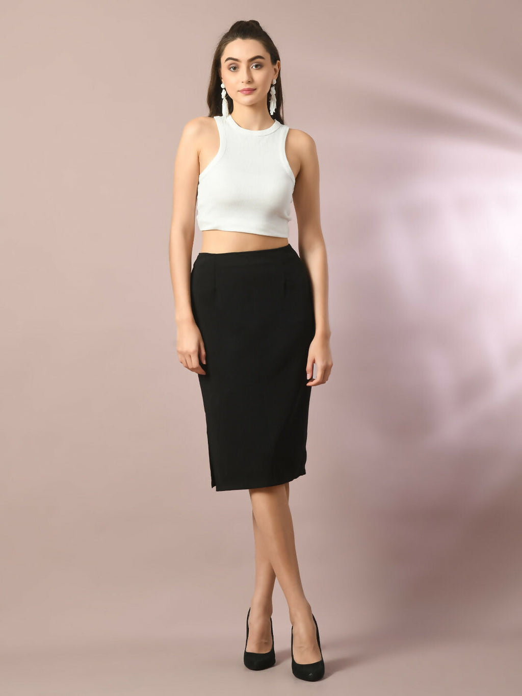 Myshka Women's Black Solid Knee Length Party Embellished Skirts
