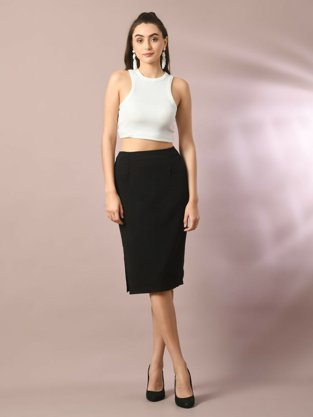 Myshka Women's Black Solid Knee Length Party Embellished Skirts