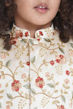 Little Bansi Banarsi Floral Embroidery Jacket with Cotton Kantha kurta and Kantha Pyjama - Cream