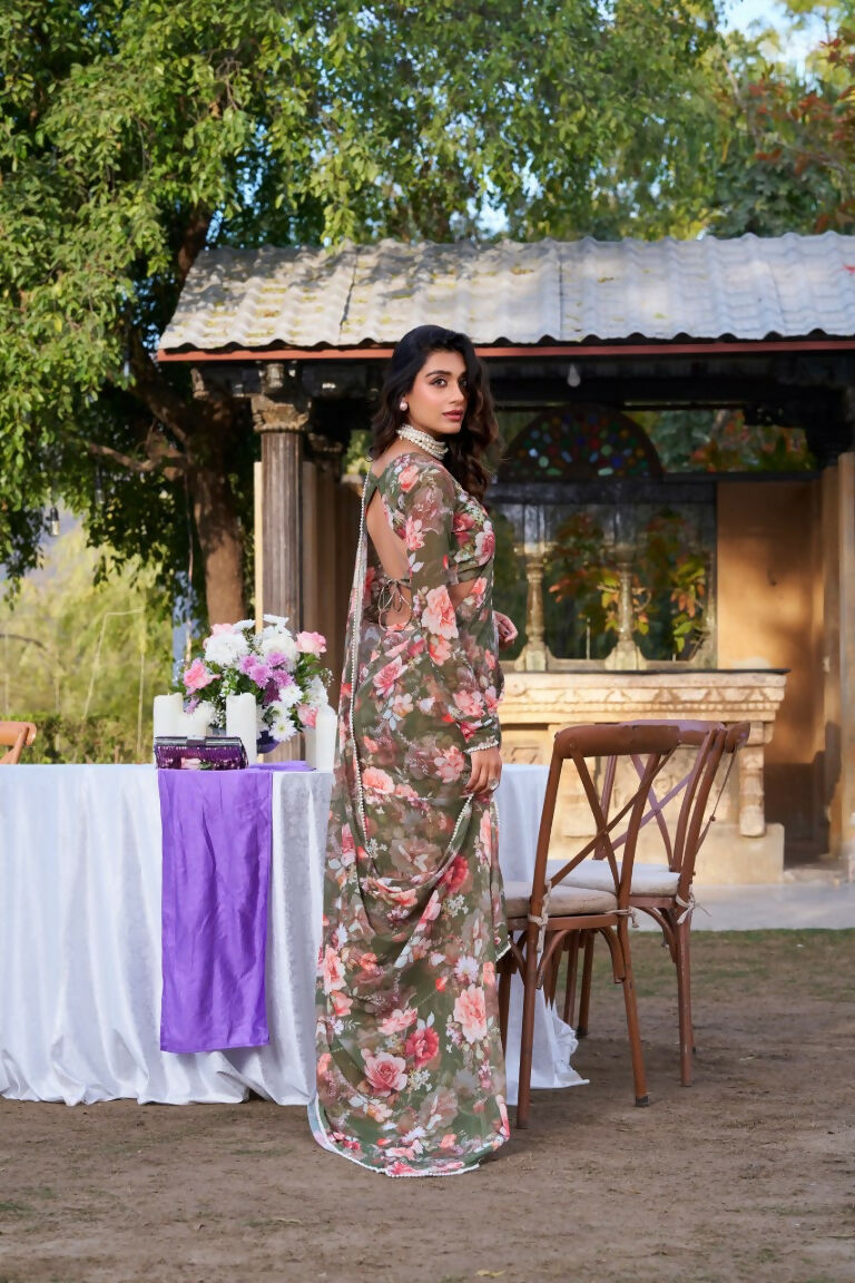 Vastranavya Mehendi Weightless Marble Printed & Pearl Lace Border Saree with Unstitched Blouse