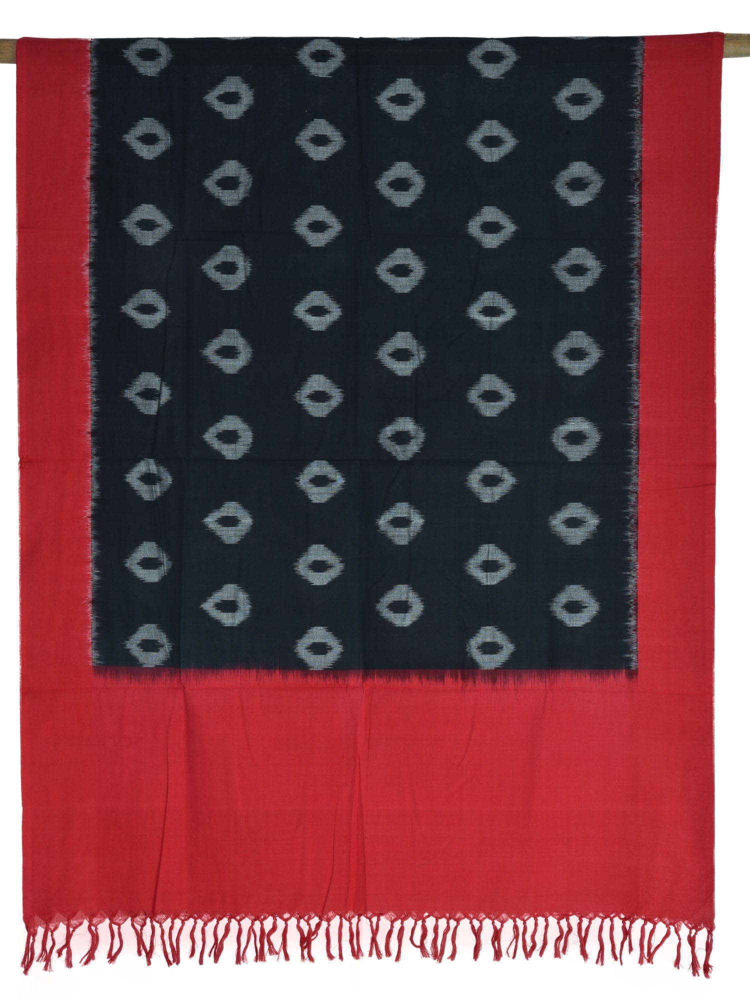 Red and Black Pochampally Ikat Cotton Handloom Dupatta with Buta Design - Global Threads