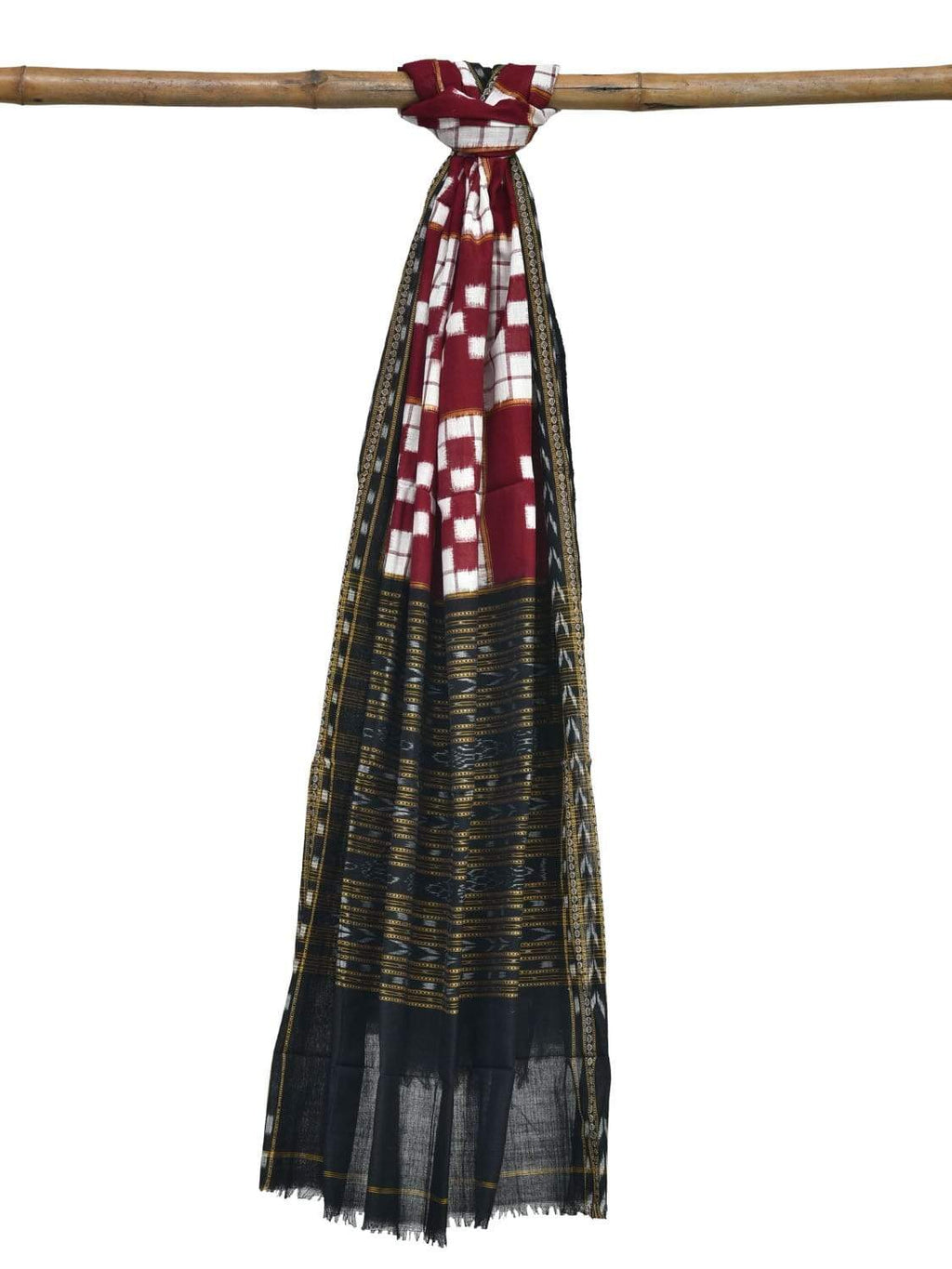 Red and Black Pochampally Ikat Cotton Handloom Dupatta with Checks Design - Global Threads