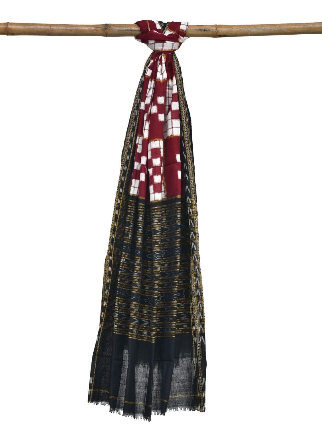 Red and Black Pochampally Ikat Cotton Handloom Dupatta with Checks Design - Global Threads