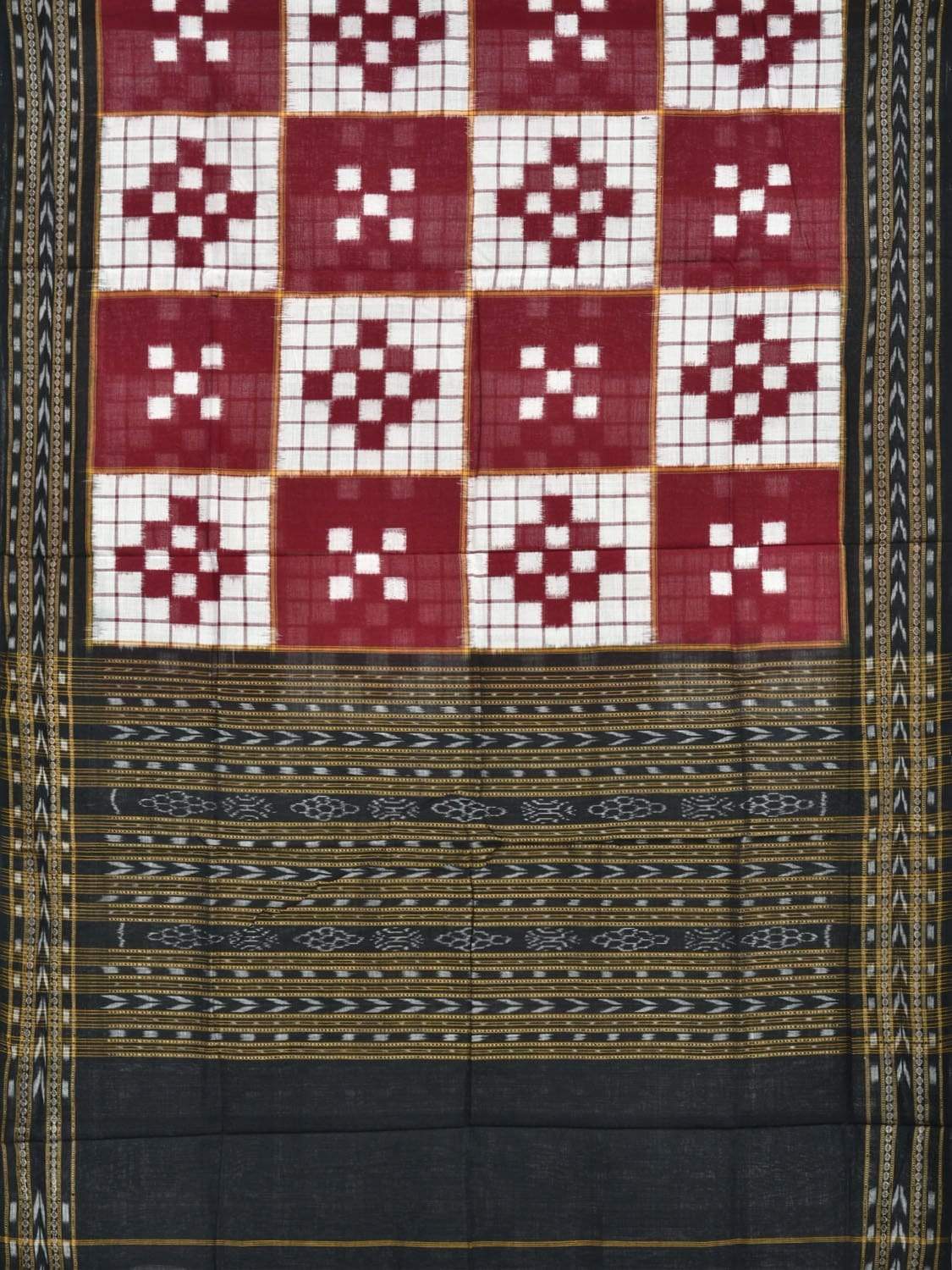 Red and Black Pochampally Ikat Cotton Handloom Dupatta with Checks Design - Global Threads