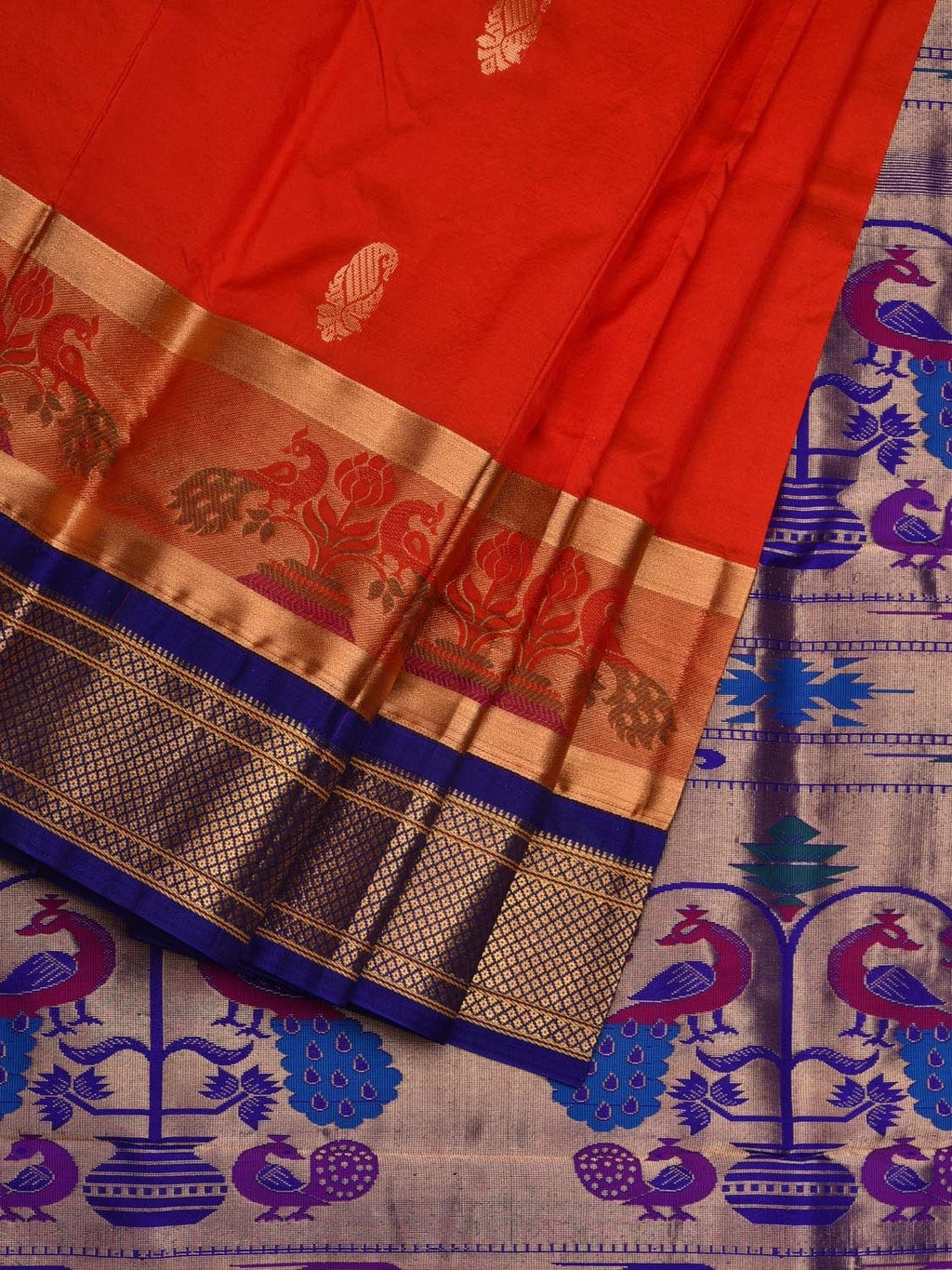 Red and Blue Paithani Silk Handloom Saree with Border and Body Buta Design - Global Threads