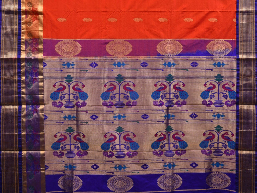 Red and Blue Paithani Silk Handloom Saree with Border and Body Buta Design - Global Threads