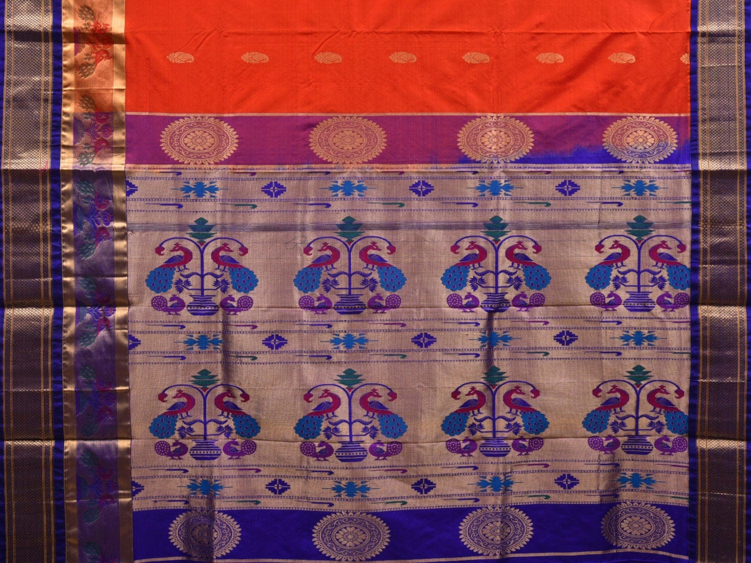 Red and Blue Paithani Silk Handloom Saree with Border and Body Buta Design - Global Threads