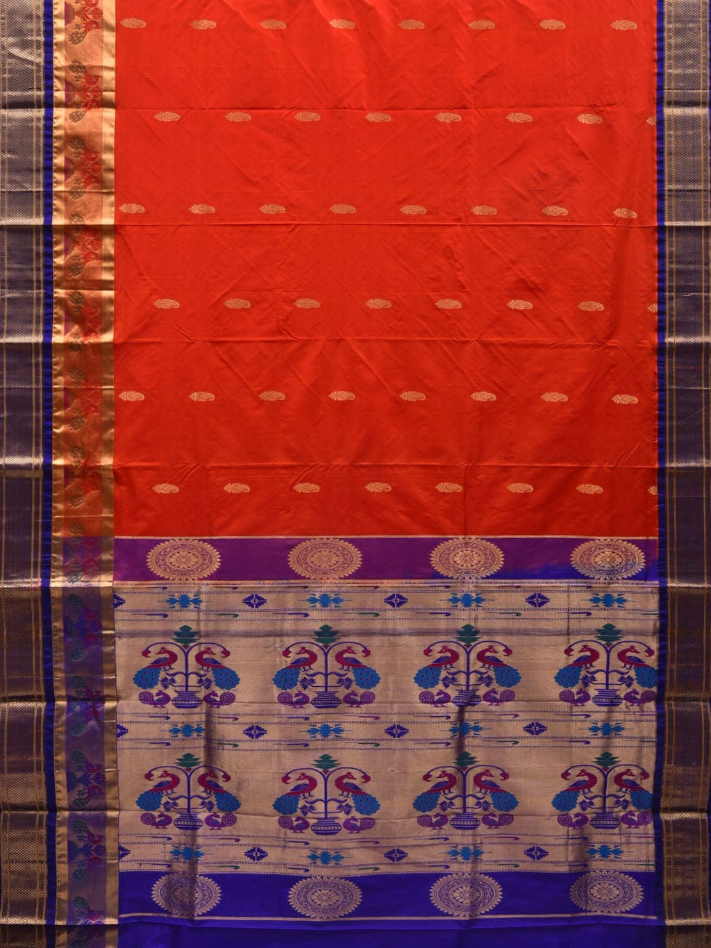 Red and Blue Paithani Silk Handloom Saree with Border and Body Buta Design - Global Threads