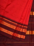 Red and Brown Narayanpet Silk Plain Saree with Traditional Border Design No Blouse - Global Threads