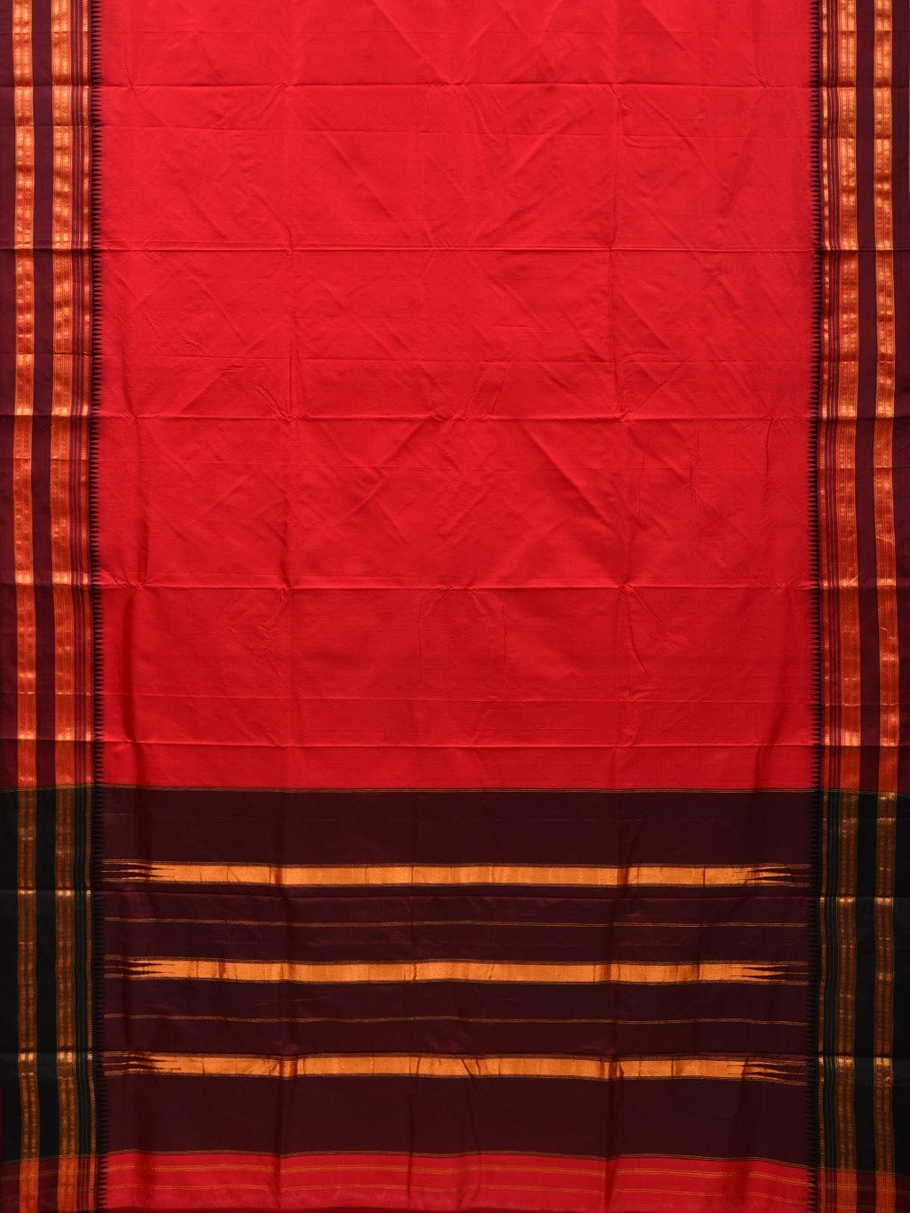 Red and Brown Narayanpet Silk Plain Saree with Traditional Border Design No Blouse - Global Threads