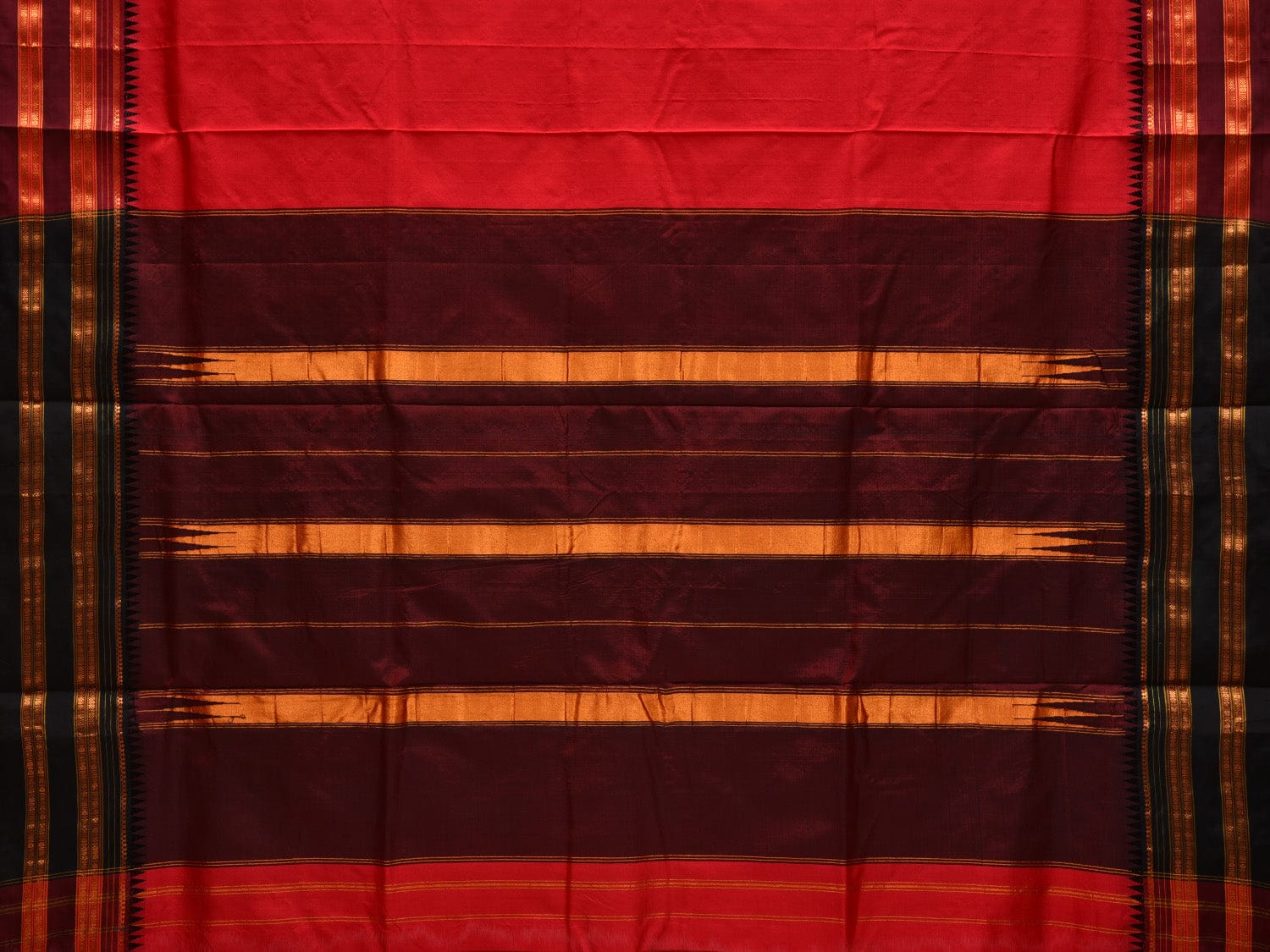 Red and Brown Narayanpet Silk Plain Saree with Traditional Border Design No Blouse - Global Threads
