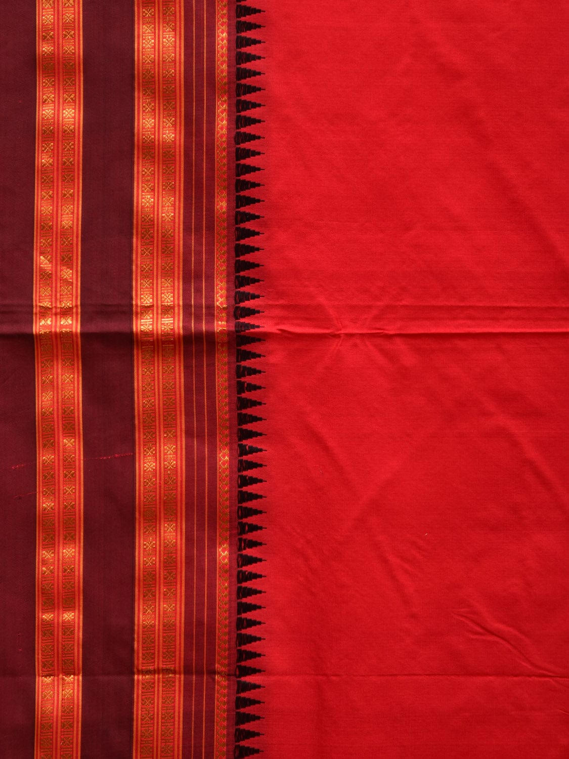 Red and Brown Narayanpet Silk Plain Saree with Traditional Border Design No Blouse - Global Threads