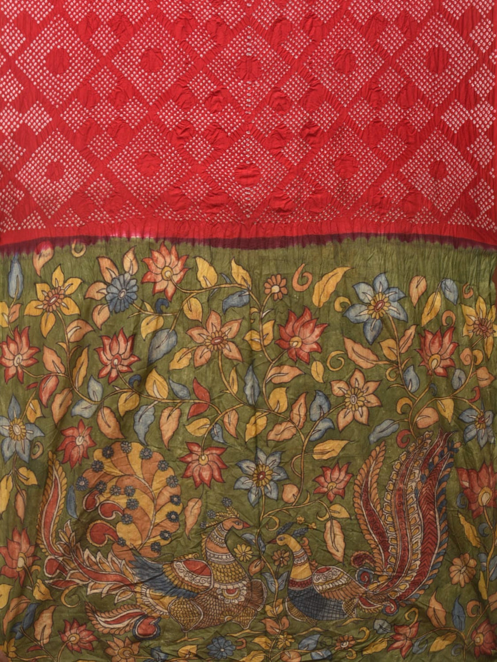 Red and Green Badhani Silk Handloom Saree with Geometrical Body and Kalamkari Pallu and Blouse Design - Global Threads