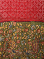 Red and Green Badhani Silk Handloom Saree with Geometrical Body and Kalamkari Pallu and Blouse Design - Global Threads