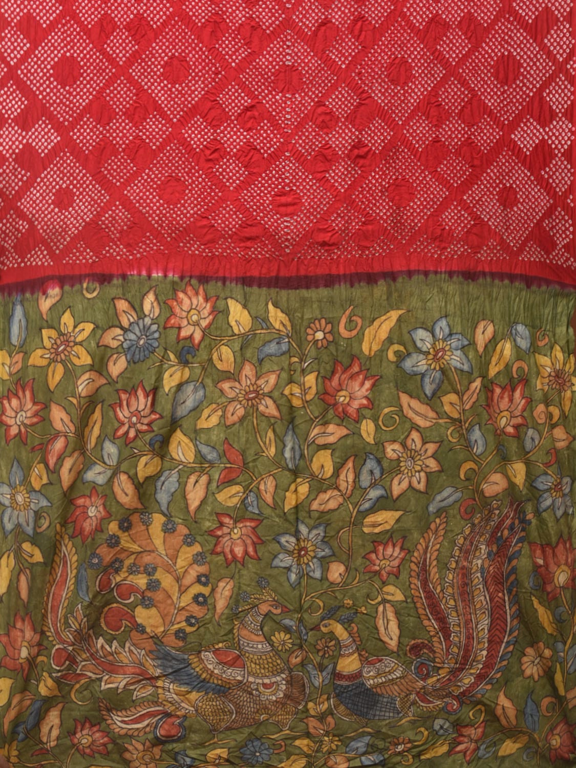 Red and Green Badhani Silk Handloom Saree with Geometrical Body and Kalamkari Pallu and Blouse Design - Global Threads