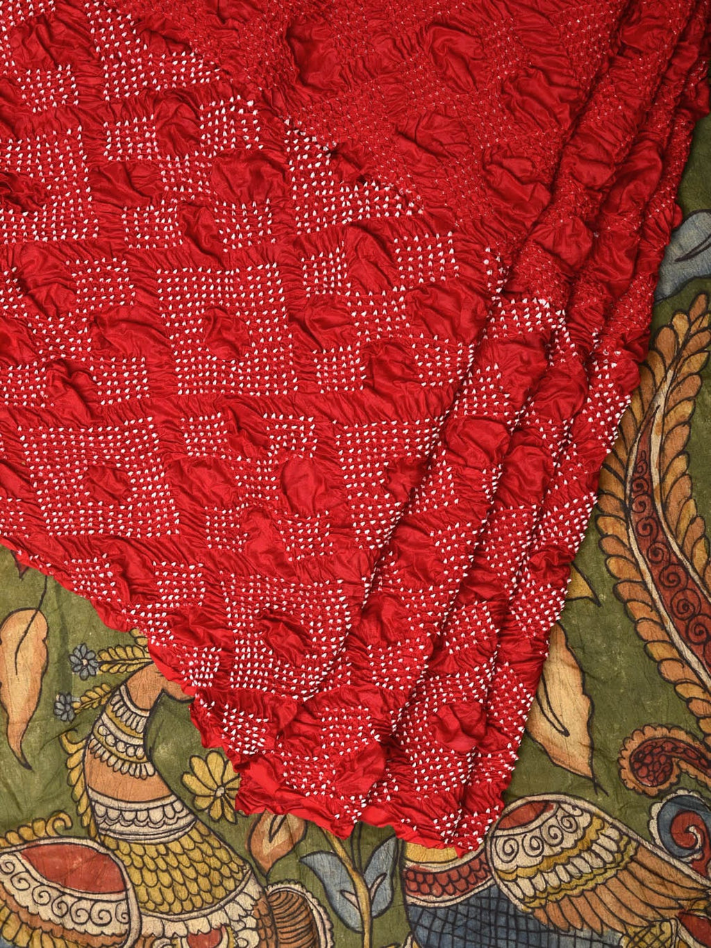Red and Green Badhani Silk Handloom Saree with Geometrical Body and Kalamkari Pallu and Blouse Design - Global Threads