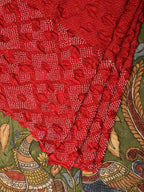 Red and Green Badhani Silk Handloom Saree with Geometrical Body and Kalamkari Pallu and Blouse Design - Global Threads