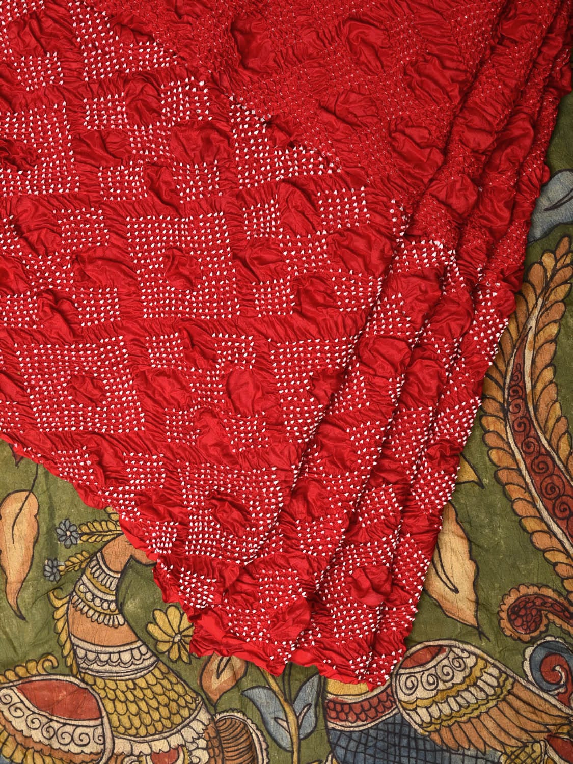 Red and Green Badhani Silk Handloom Saree with Geometrical Body and Kalamkari Pallu and Blouse Design - Global Threads